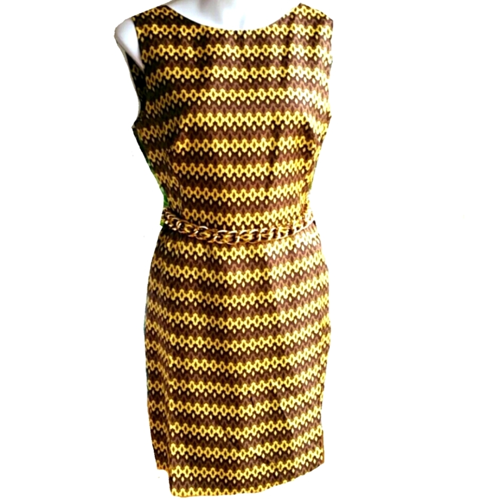Milly of New York Yellow Brown Print Italian Imported Silk Gold Chain Dr…